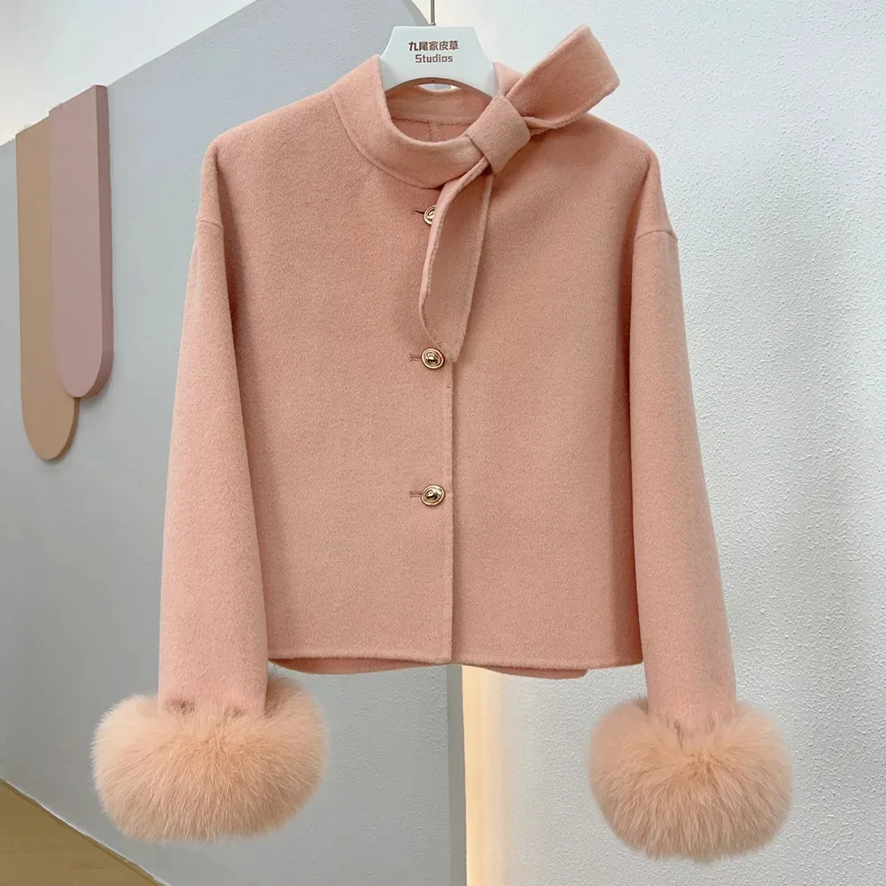 2024 Wool Woolen Women coat fur jacket New Winter Real Natural Fox Fur Cuff Coat Ladies Outwear Female Coat Cashmere Luxury