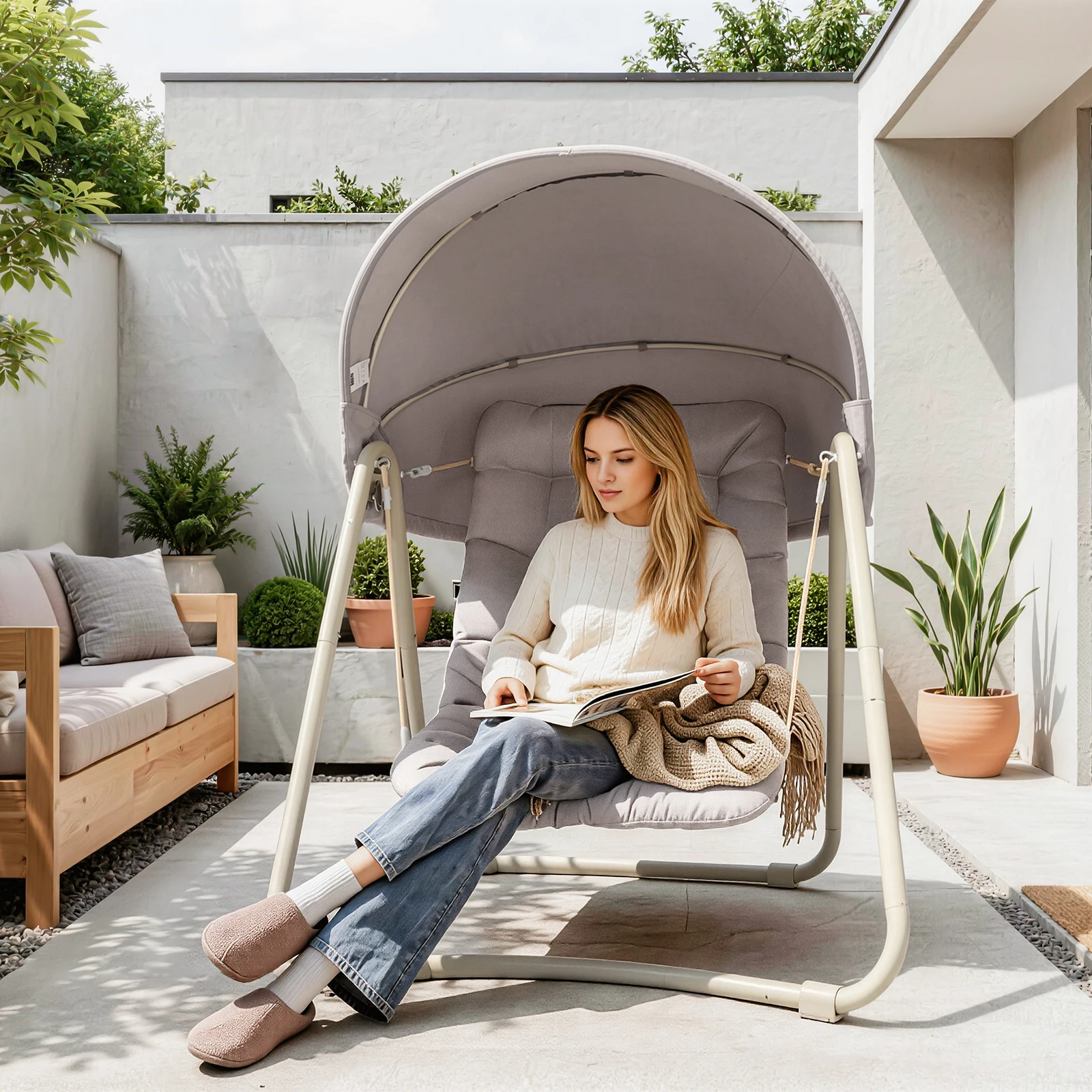 Sobuy OGS62-MI Silla Colgante con Toldo Ajustable, Tumbona para Jardín y Balcón, Hamaca para Exteriores, Beige, 108x163x126 cm
