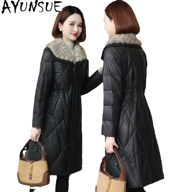 AYUNSUE Genuine Leather Down Jacket Women Winter Clothes 2025 Mid-length Sheepskin Womens Coats Mink Fur Collar Jaqueta De Couro