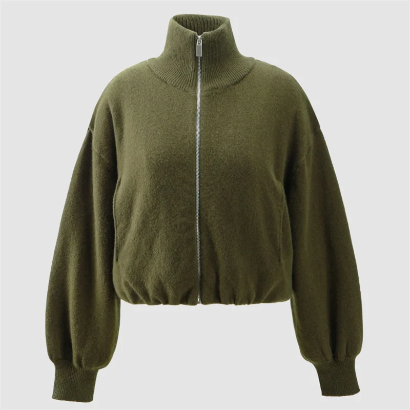 Cárdigan para mujer primavera 2026 nuevo tejido elástico ajustado top de manga larga 100% lana cuello alto suéter de mujer abrigo de mujer