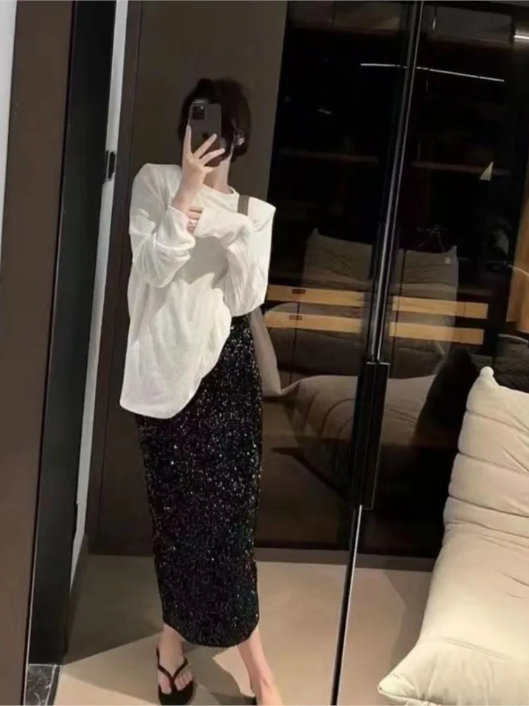 

Fashion High-waisted Temperament Slim Sequin Skirt Women's Autumn Elegant Elastic Waist Back Split Elastic Straight Long Skirt