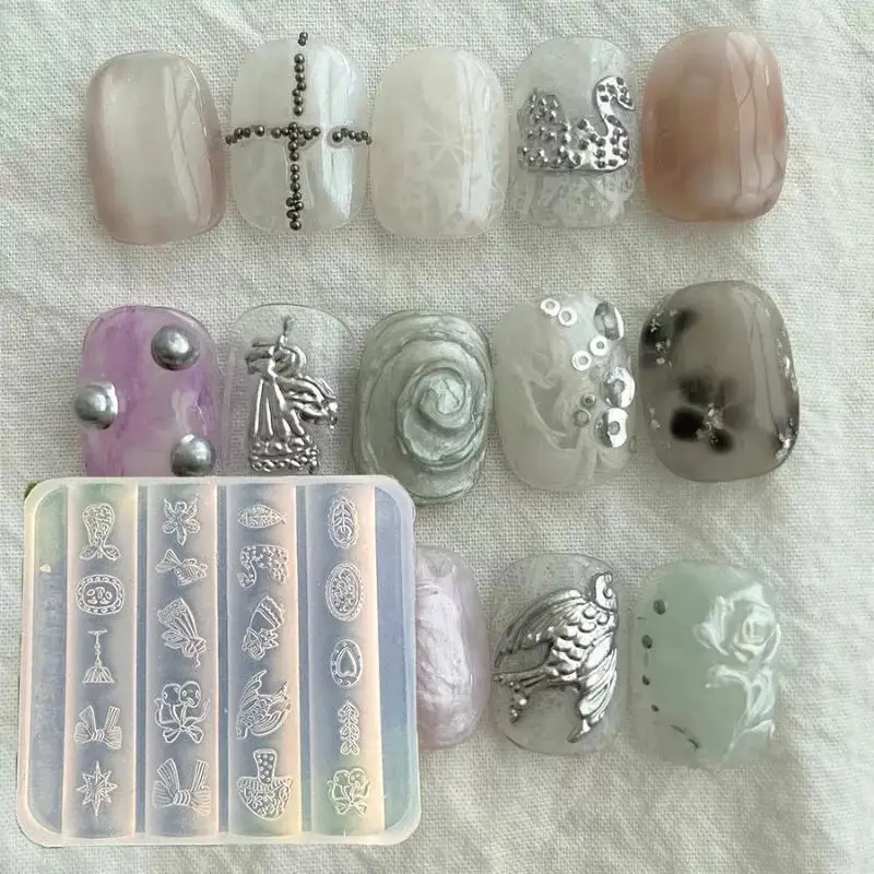 Swan Swallow Cherry Mushroom Butterfly Knot 3D Embossed Nail Art Wearable Silicone Mold For Diy Nail Decoration