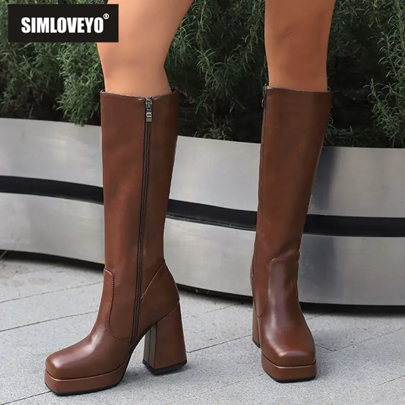 SIMLOVEYO damskie buty do kolan Toe blokowe obcasy 10cm platforma 2.5cm duży rozmiar 43 zwięzłe kobiece Bota