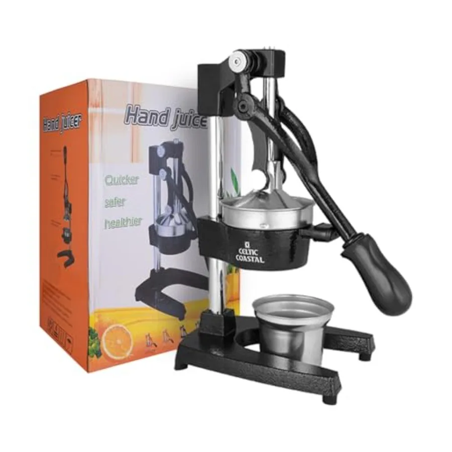 

Cast Iron Juicer for Home Use - Heavy Duty Manual Juice Extractor with Removable Strainer, Stainless Steel Cup, Black Finish, E