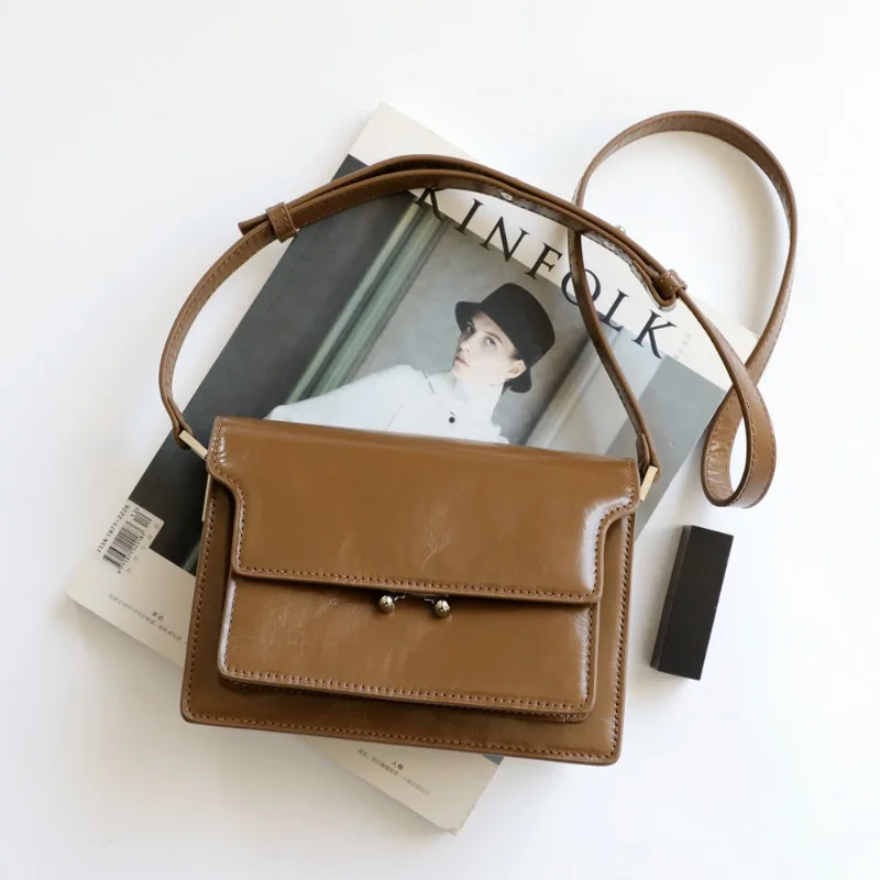 Vintage Soft Cowhide Square Shape Tofu Bag Elegant Commuter Fashion Crossbody Shoulder Bag 2024 New All-match Luxury Bolsos