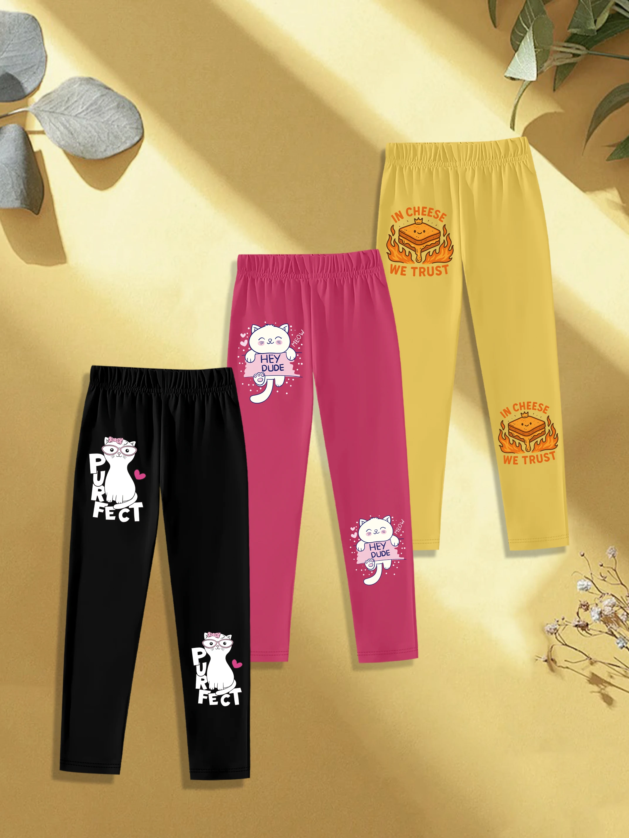 3 pieces: Autumn Girls Leggings Cute Cartoon White Cat Toast Print Sweet Kids Bottoms