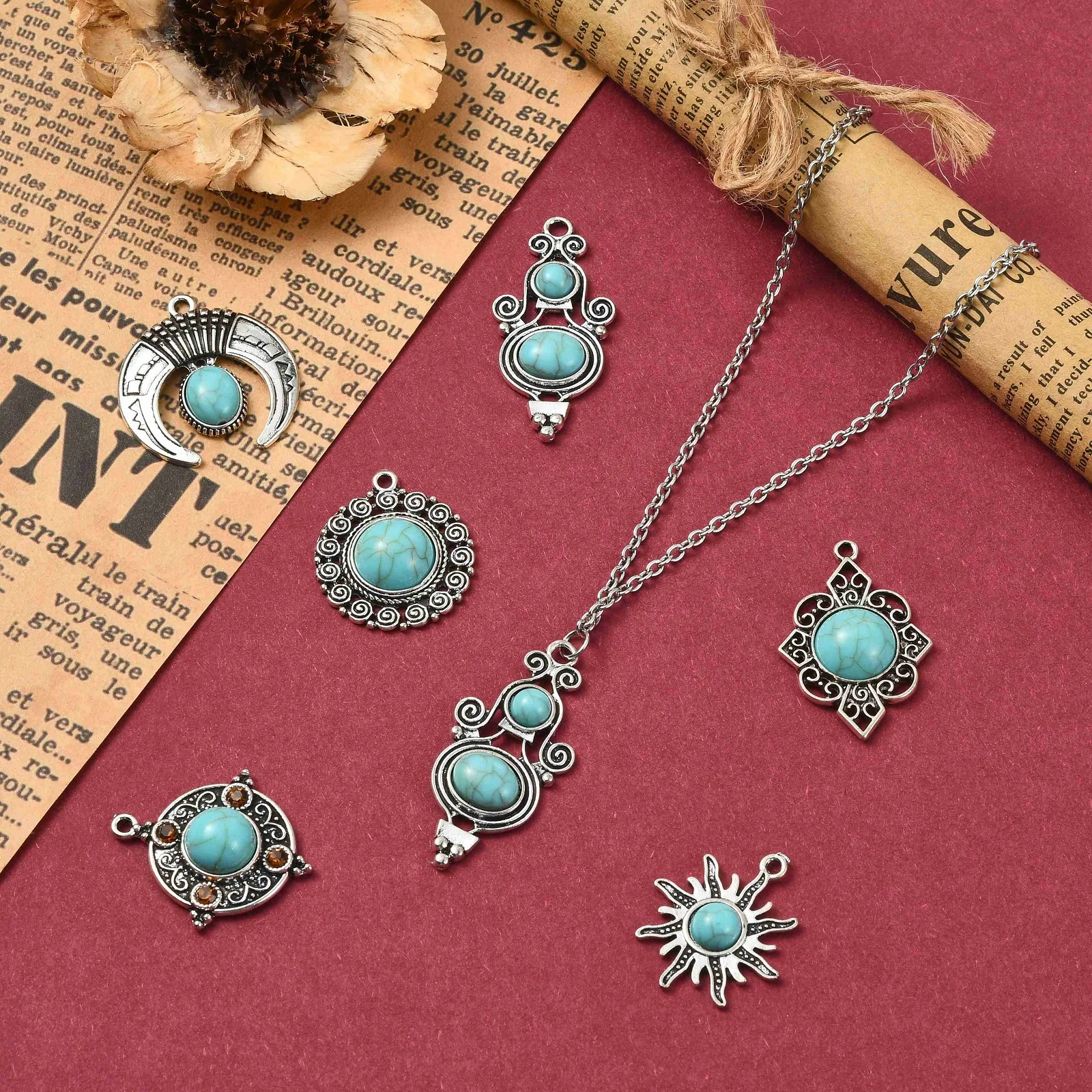 30 قطعة 6 أنماط الفيروز التبتي سحر بوهو موضوع العتيقة الفضة الغربية دلايات DIY بها بنفسك صنع المجوهرات أساور القلائد