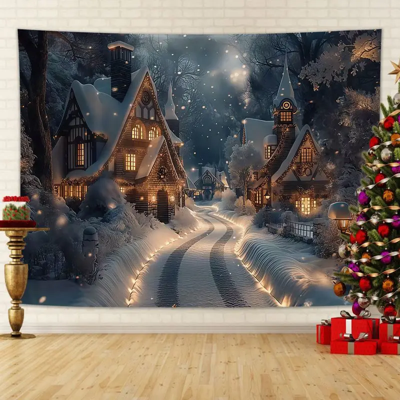VIKAMA Fairy Tale Snow Scene Christmas Tapestry, Magical Wall Hanging Background Cloth for Living Room Festive Aesthetic Decor