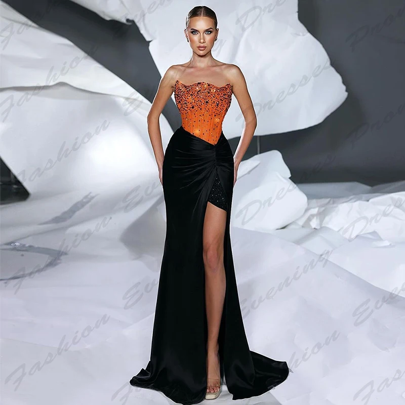 Elegant Beautiful Evening Dresses For Women Luxurious Sparkling Beading Sexy Off The Shoulder Sleeveless High Slit Prom Gowns