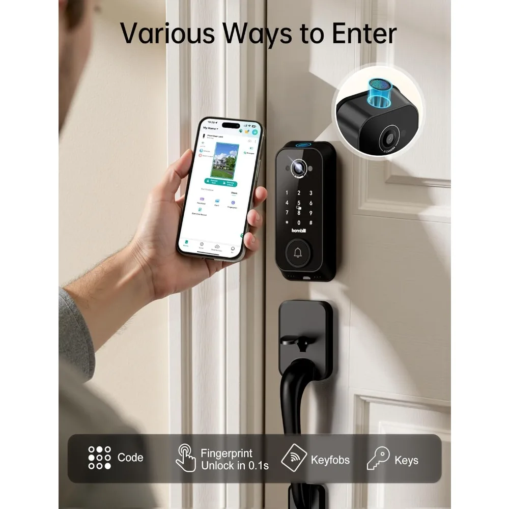 Fechadura inteligente de vídeo com câmera: anel 4 em 1 + câmera 2K + campainha + fechadura de porta de entrada sem chave com impressão digital, fechadura WiFi integrada