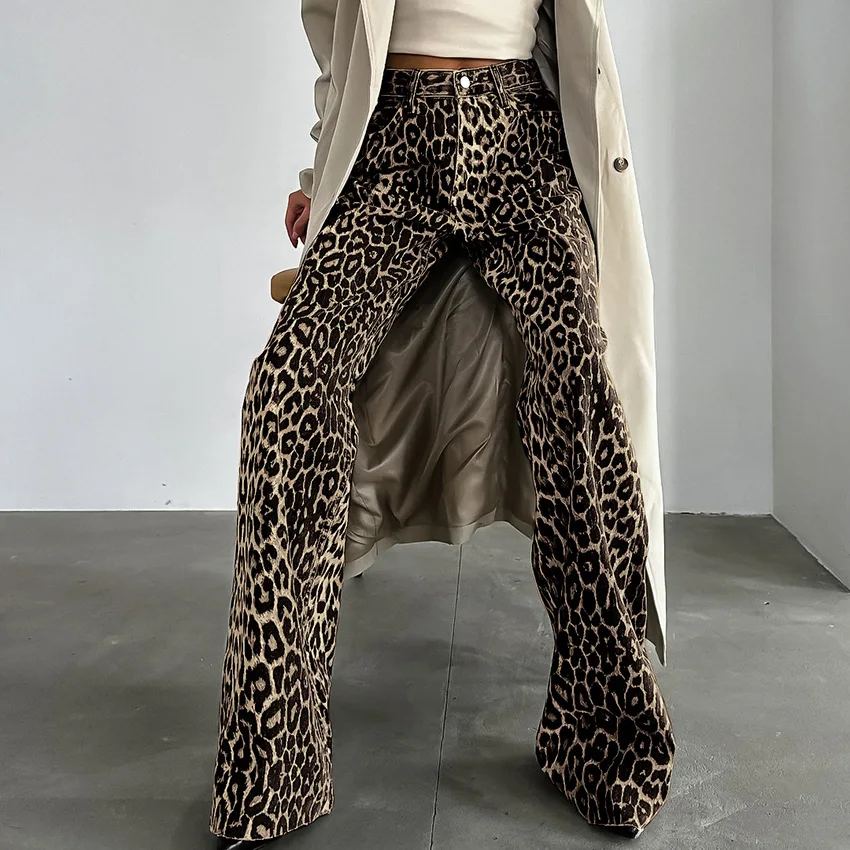 Fashionable  Cotton Leopard Print Casual Wide-leg Pants 2025 Autumn New Print Comfortable Street Trousers for Women