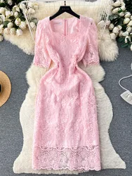 Summer Elegant Flower Embroidery Dress Women Solid Color Short Puff Sleeve Square Collar Mesh Lace Up Party Midi Dresses Vestido