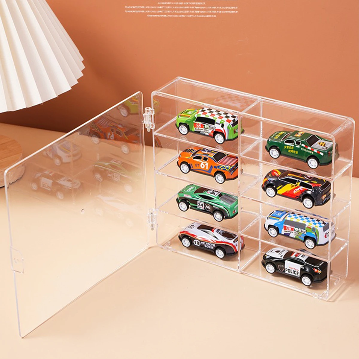 1pc suporte de exibição de carro de brinquedo de rodas quentes, caixa transparente compartimentalizada para armazenamento de modelo de carro pequeno
