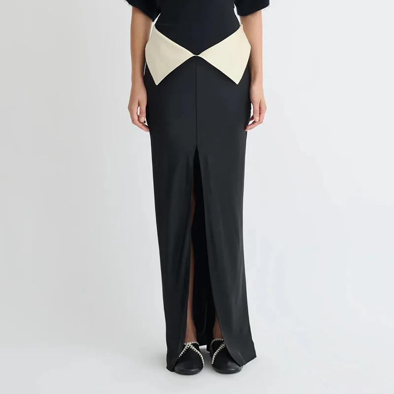 Women's Pleated Pencil Skirt, Black and White Color-Block Skirt, High-Quality Versatile Maxi Skirt, 2026, Summer, New Arrival,