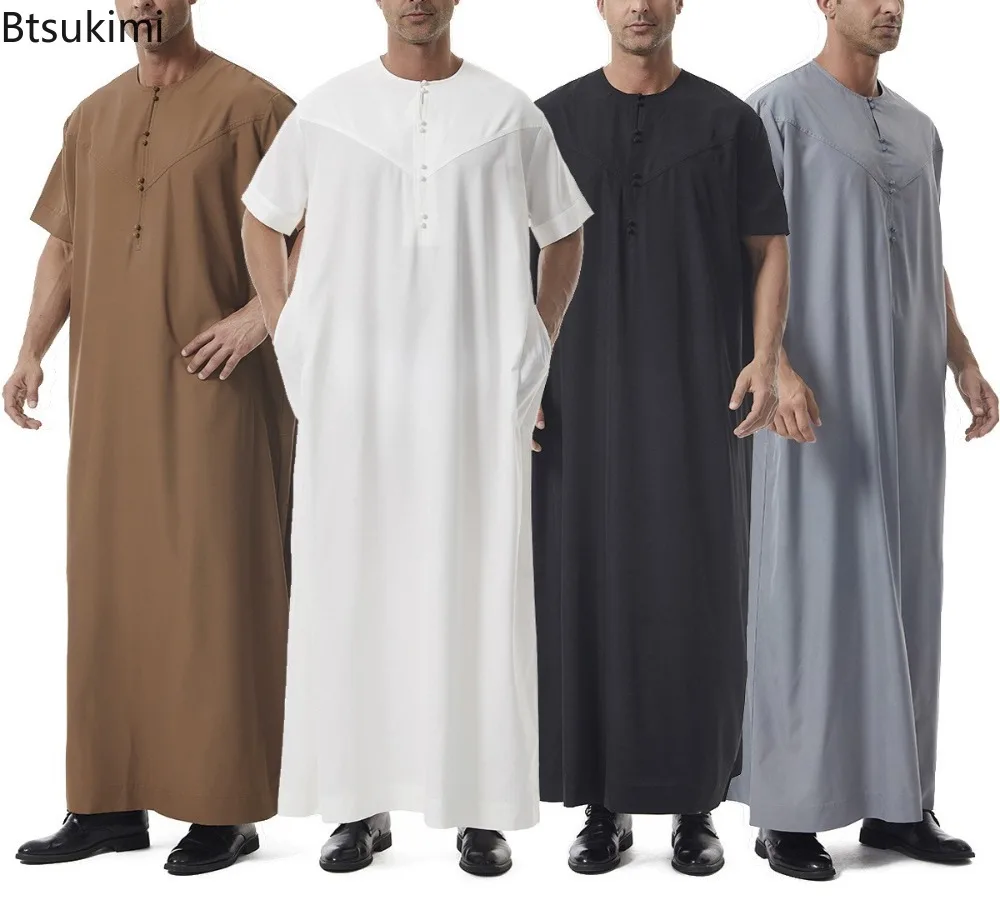 

Middle East Muslim Fashion Men Jubba Thobe Short Sleeve Solid Color Round Neck Islamic Arabic Kaftan Men Abaya Islamic Clothing