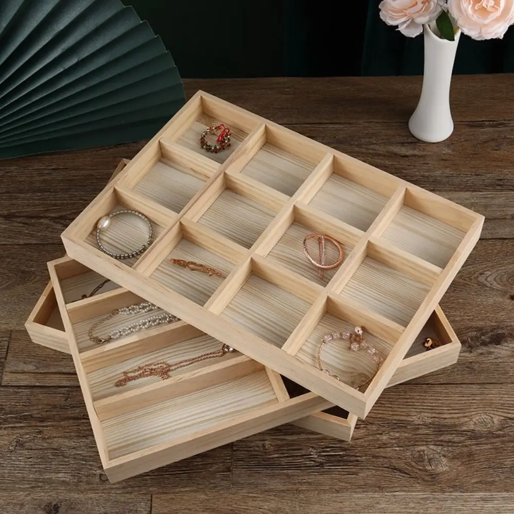 Solid Wood Jewelry Display Tray 6/12/24/36 Grids Vintage Necklace Storage Box High Quality Trinket Organizer Ring Earring Holder