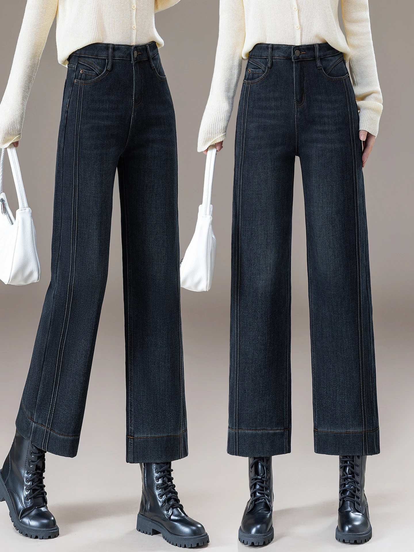 

Джинсы прямого кроя на флисовой подкладке, женские, с высокой талией, утягивающие, укороченные, узкие, широкие брюки, повседневный стиль, осень-зима