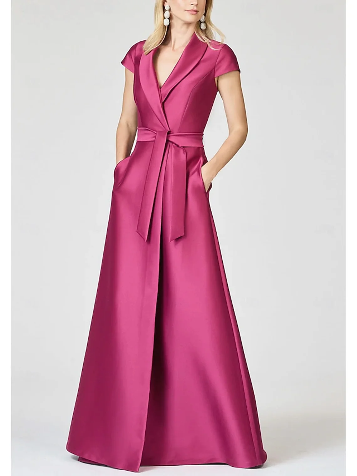 

Elegant Minimalist A-Line Satin Prom Dress V Neck Floor Length Short Sleeves Bow Knot Formal Evening Gown 2025 free customized
