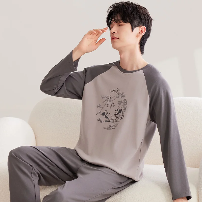 Brown Panda Men Pajamas Sets Cute Casual Long Sleeves Long Pants Autumn Winter Sleepwear Boys Pyjamas Cozy Pijamas Soft Male Pjs