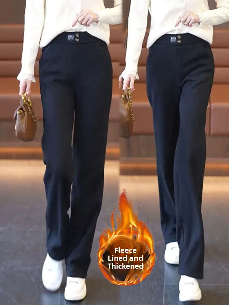 

2024 Women's Slimming High Waist Wide Leg Pants Thiened Autumn Winter Casual Straight Cut Trousers ket Detail Long Pants