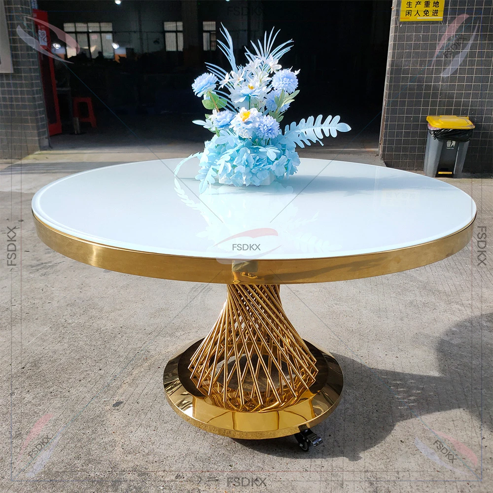 

Luxury Exquisite folded round stainless steel dinning table glass cover table legs with wheels