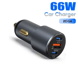 66W 3-Port Car Charger, 2 USB C PD30W & 1 USB A 30W QC3.0 Fast Car Charger Adapter for iPhone Samsung Mobile Phones iPad Tablets