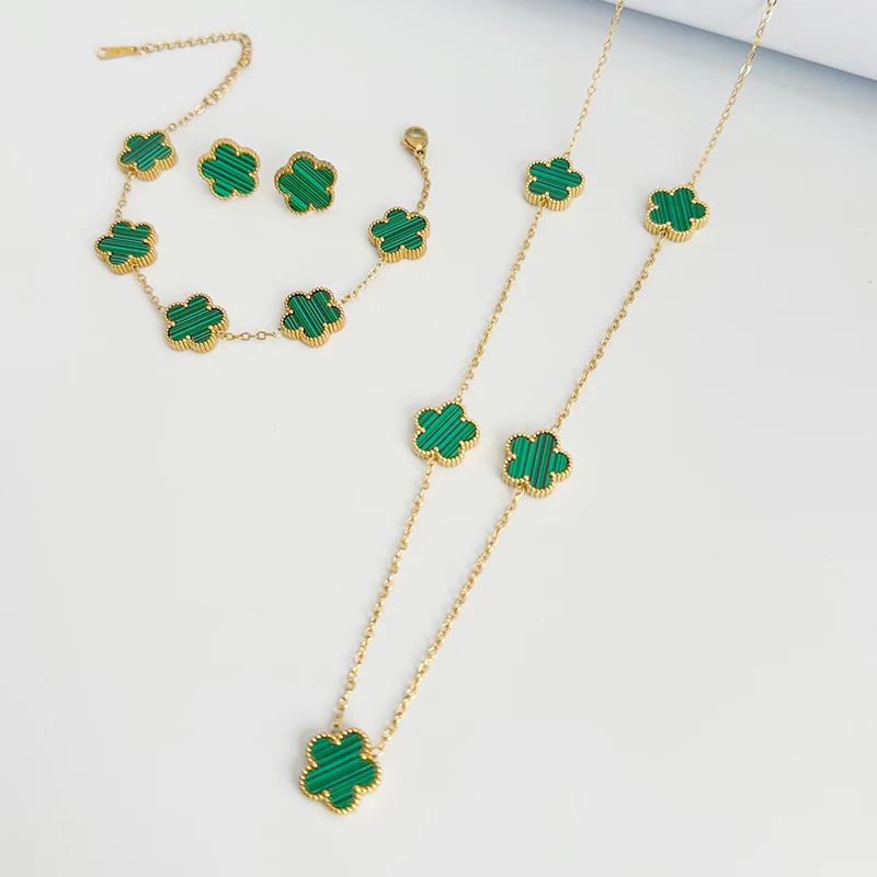 Double Sided Clover Stainless Steel Jewelry for Women Earring Necklace Bracelet Plant Five Leaf Flower Mother's Day Souvenirs