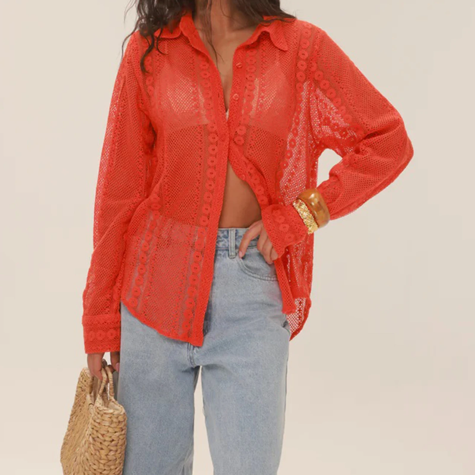 Women Solid Color Loose Sheer Lace Shirts Casual Long Sleeve Button-up Collared Tops for Spring Fall