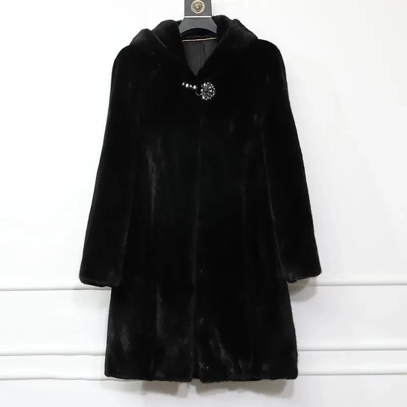 Lmitation fur Mink Coat for middle-aged And Elderly Women With Hats Mink Fur Coat For medium to Long Warm Hooded fur Outwear 6XL