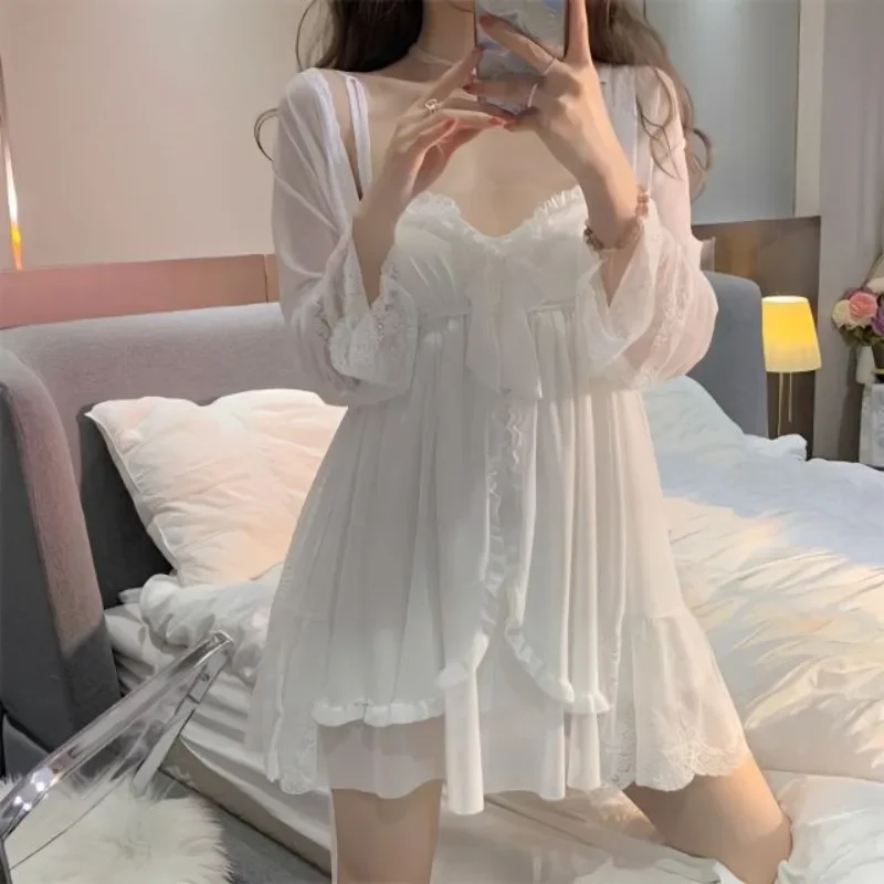 Lacework Backless Sleepwear Dress Latest Women Sexy Pajama Mesh Halter Nightdress Solid Color Bow Pyjamas Sweet Lace Nightdress