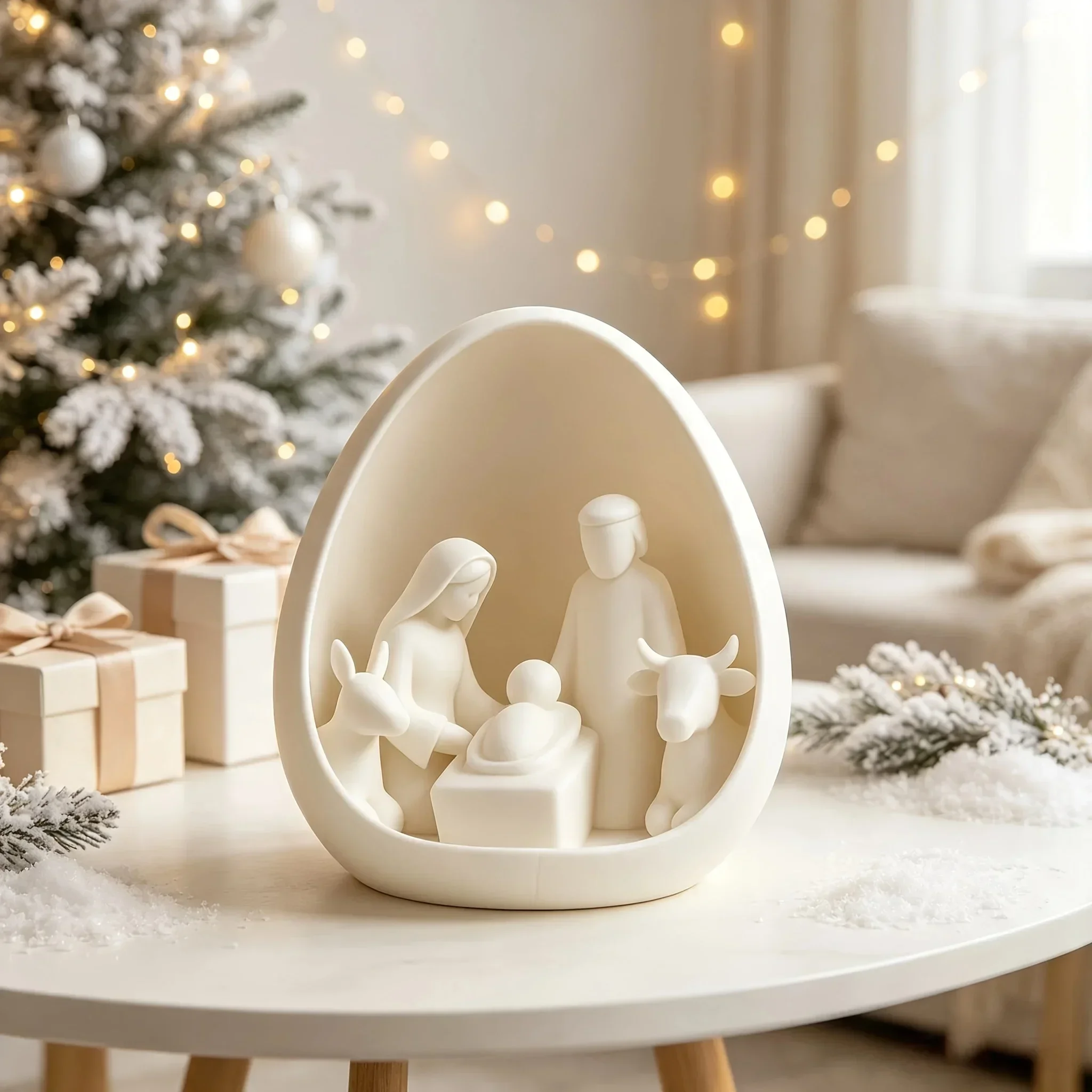 Christmas Nativity Scene Holy Family Figurine Egg Shaped Resin Statue Xmas Tree Religious Living Room Tabletop Decor