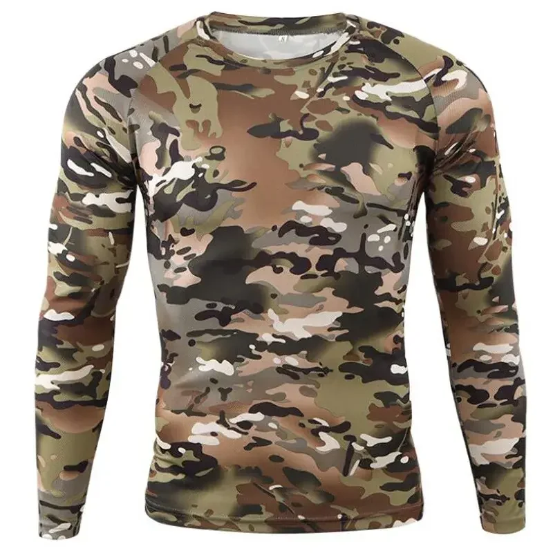 2024 Autumn New Men's Slim Fitting Camouflage Printed round neck Long Sleeved T-shirt, Hunting Camping Hiking pullover T-shirt