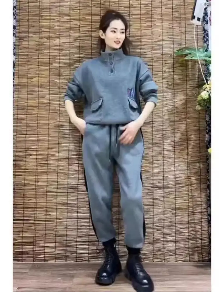 بدلة رياضية شتوية من Thiened Fce للسيدات غير رسمية للترفيه طويلة بقلنسوة مكونة من قطعتين مقاس كبير بياقة واقفة برمز كبير