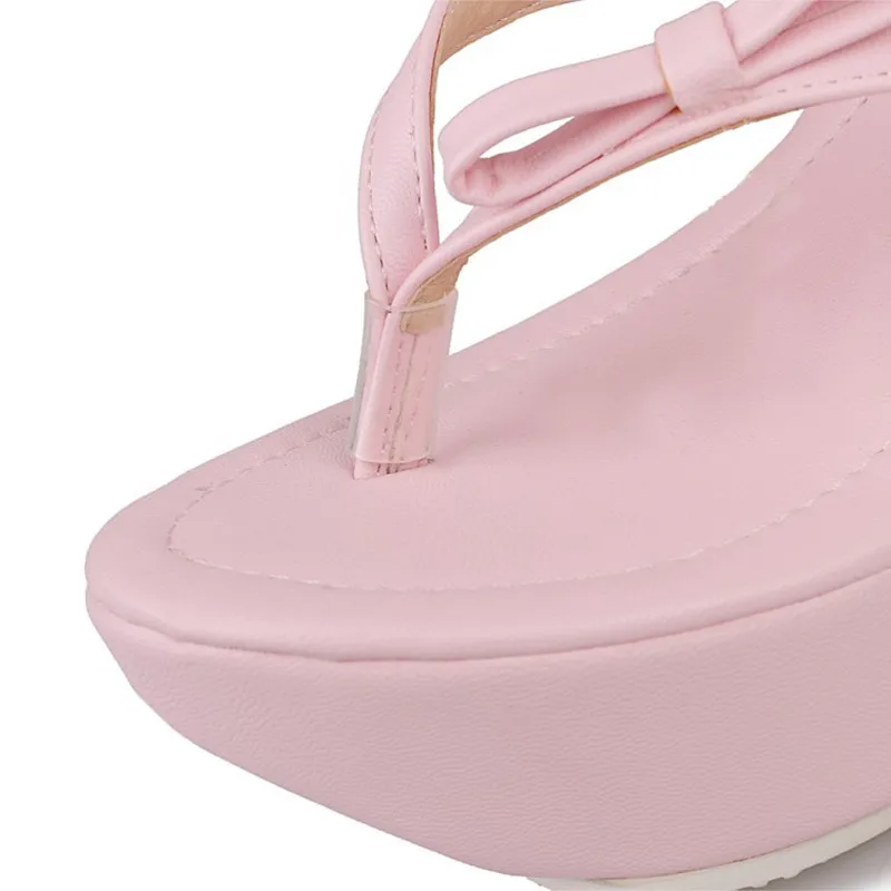 Women Platform Flip Flops Zoris Shoes With Bow Knot Sweet Pink White Black Thick Bottom Anti-Slip Slippers Chunky Heel Light 45