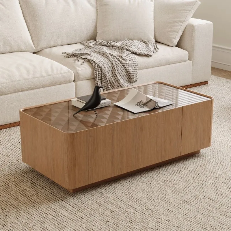 Modern Glass Top Coffee Table Mid-Century Bar Tables with Hidden Storage Drawers