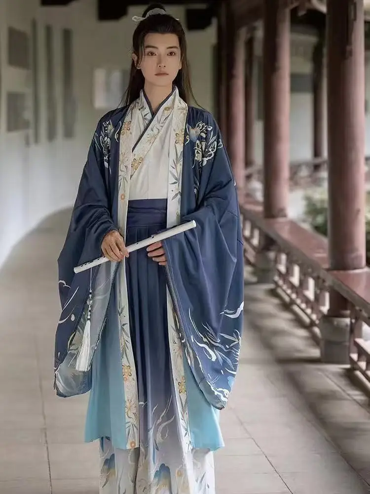 

Traditional Chinese Hanfu Dress Set Weijin Period Bamboo Printing Cross Collar Clothing Halloween Swordsman Cosplay Costume Male