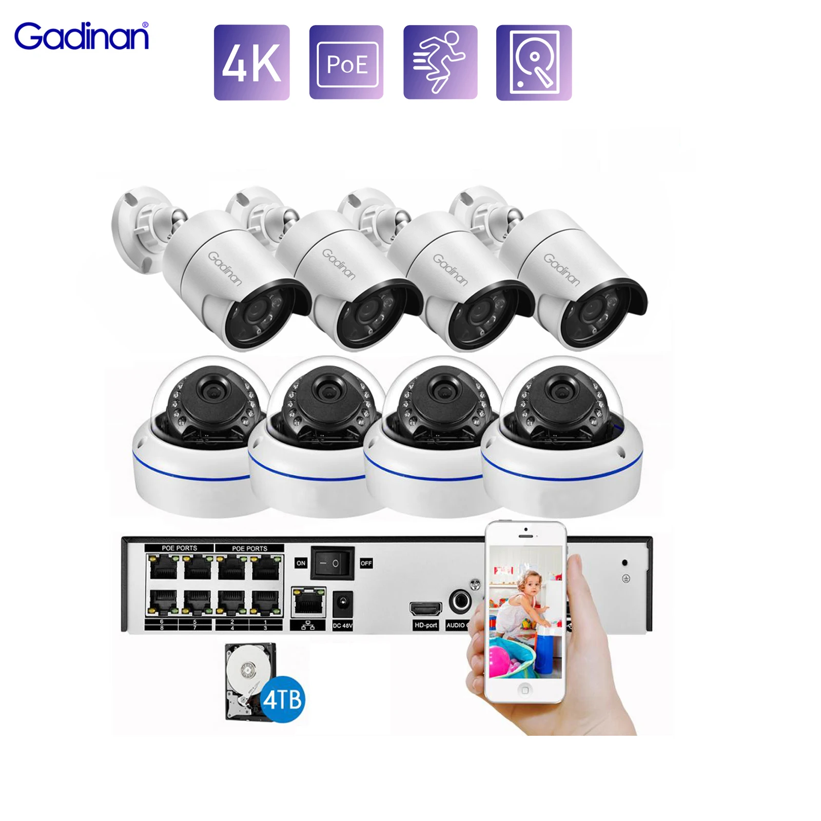 

Gadinan 4K 8MP POE Security Camera System 8CH NVR Kit CCTV Recording Color Night Vision Video Surveillance IP Camera Set XMEye