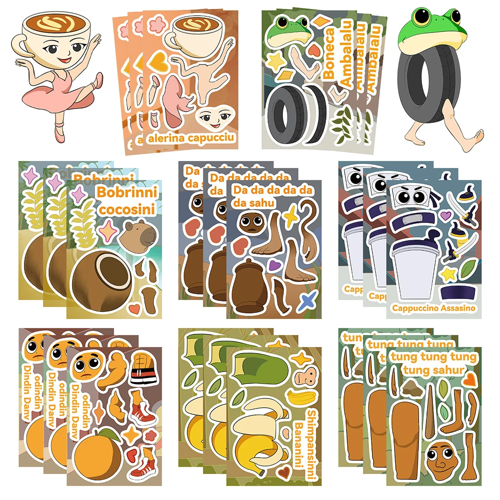 8/16 Blatt Wol Tung Sahur abstrakte Tiere Puzzle Aufkleber italienische Gehirnrot machen ein Gesicht DIY Montieren Puzzle Aufkleber für Kinder Spielzeug