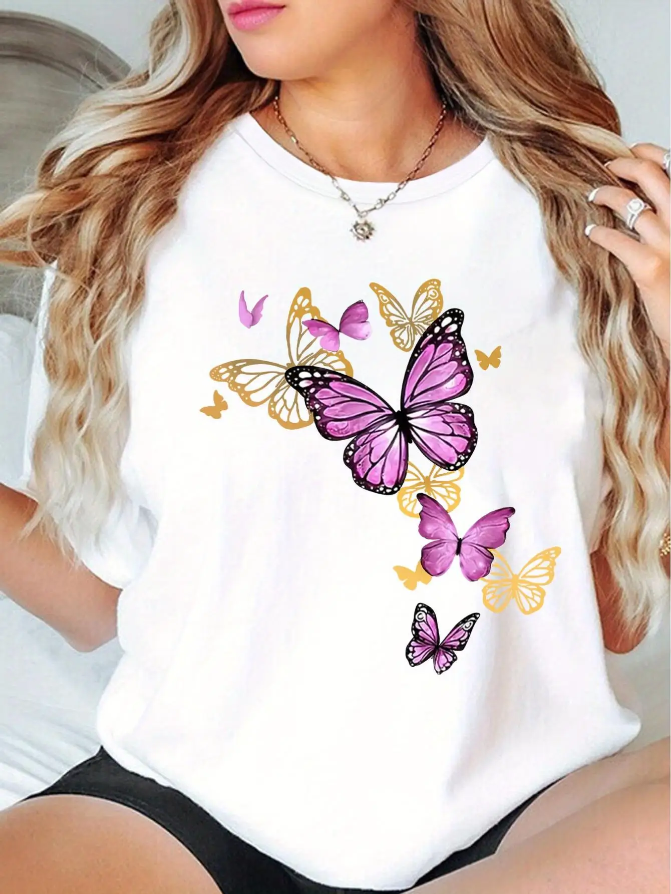 

Women's Butterfly Print T-Shirt Casual Crew Neck Short Sleeve Stretchy Black with Stylish T-shirt Knit Texture Butterfly Shirt