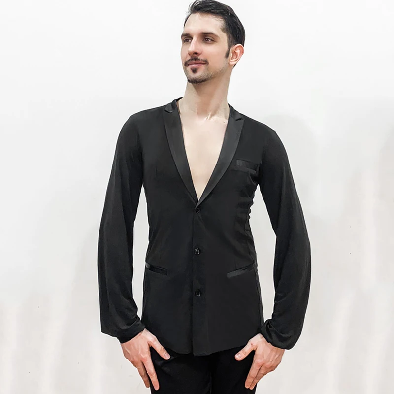 Latin Dance Tops New Men Ballroom Competitive Shirts  Black Long Sleeve High Quality Stretch Shirt Performance Costume DQS1217