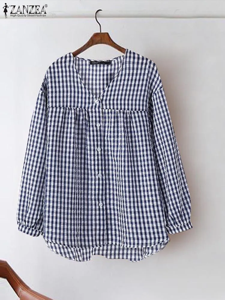 ZANZEA Korean Fashion Women Checked Shirt Casual Long Sleeve V Neck Button Up Gingham Camisas High-Low Blouse Elegant Tunic Tops