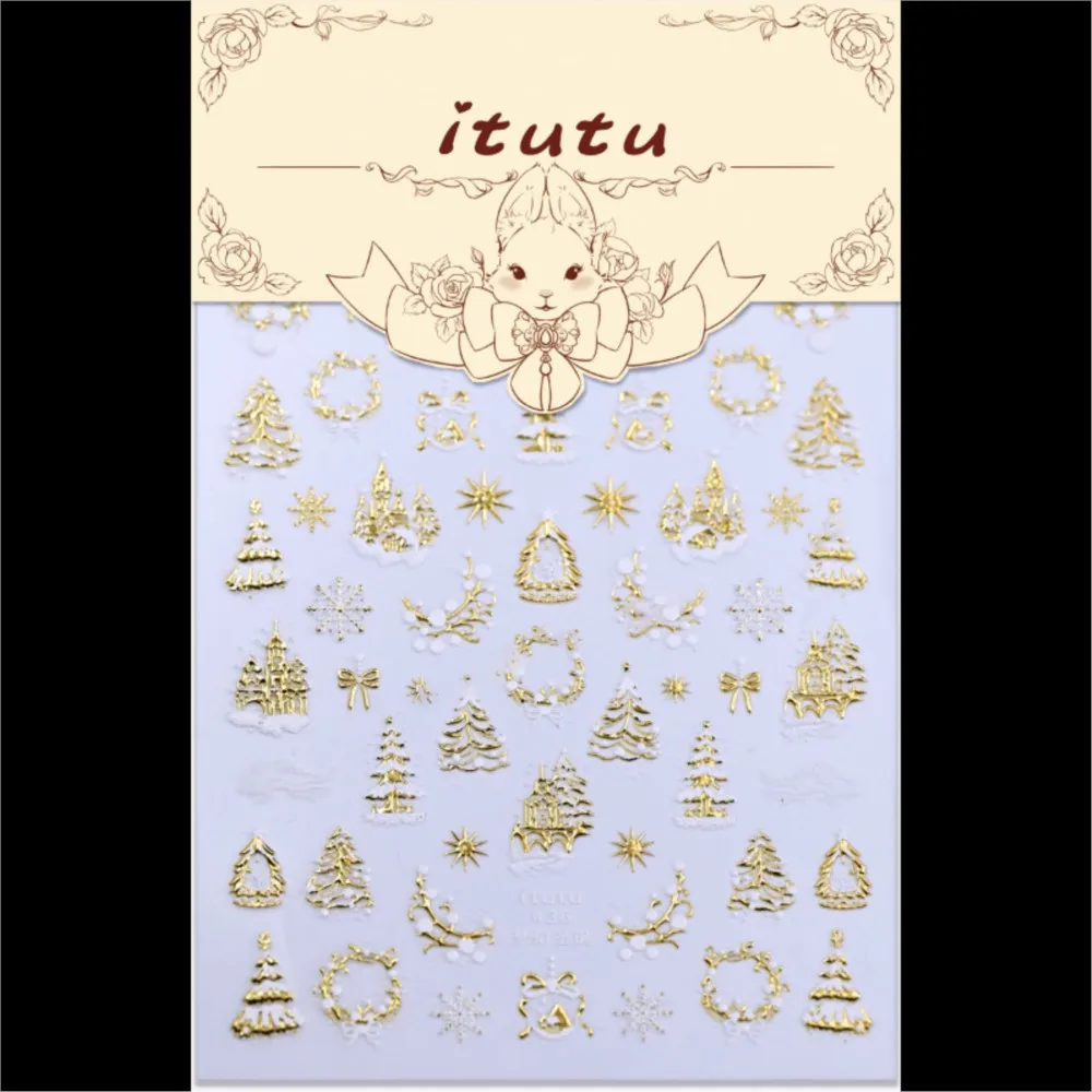 5D in rilievo Castello d'oro/Ghirlanda/Albero di Natale Adesivi per unghie Fiocchi di neve bianchi Fiocco Stella Decalcomanie per unghie Autoadesive Decorazioni per unghie di Natale