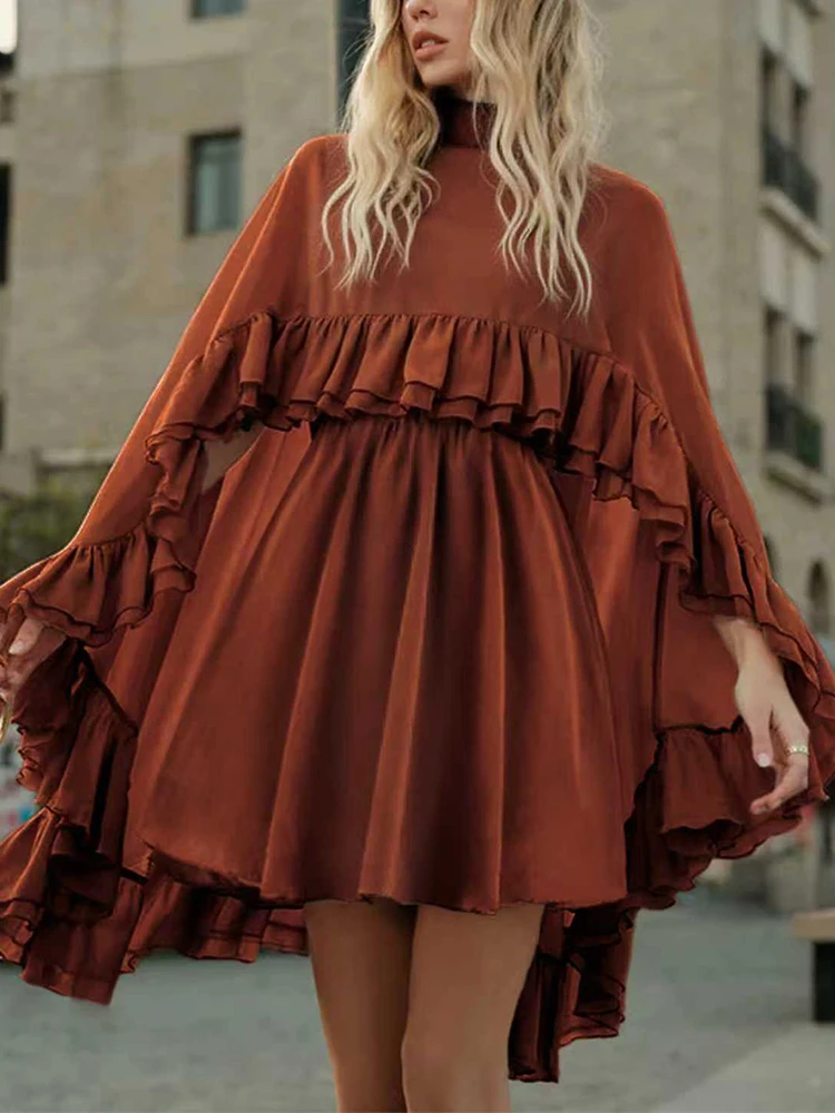 

Sexy V-neck Sling Mini Skirt & Ruffle Cape Outfits Fashion Turtleneck Solid Color Loose 2Pc Suit Women Elegant Draped Party Set