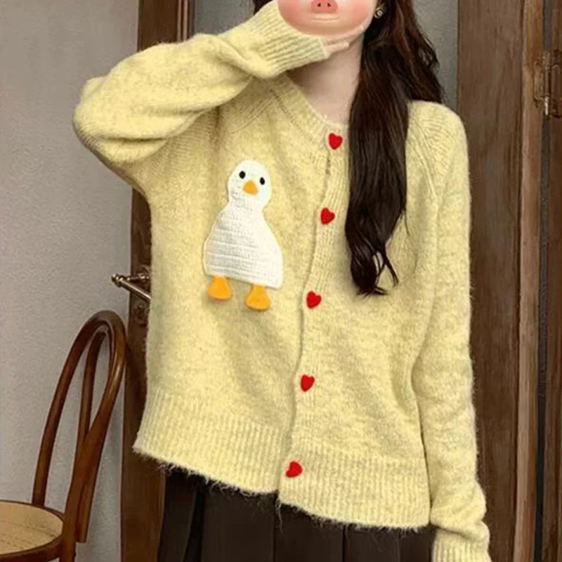 Goose Embroidered Creamy Yellow Single Breasted Soft Glutinous Knitted Cardigan Sweaters Women Autumn Streetwear Sweet Girls New