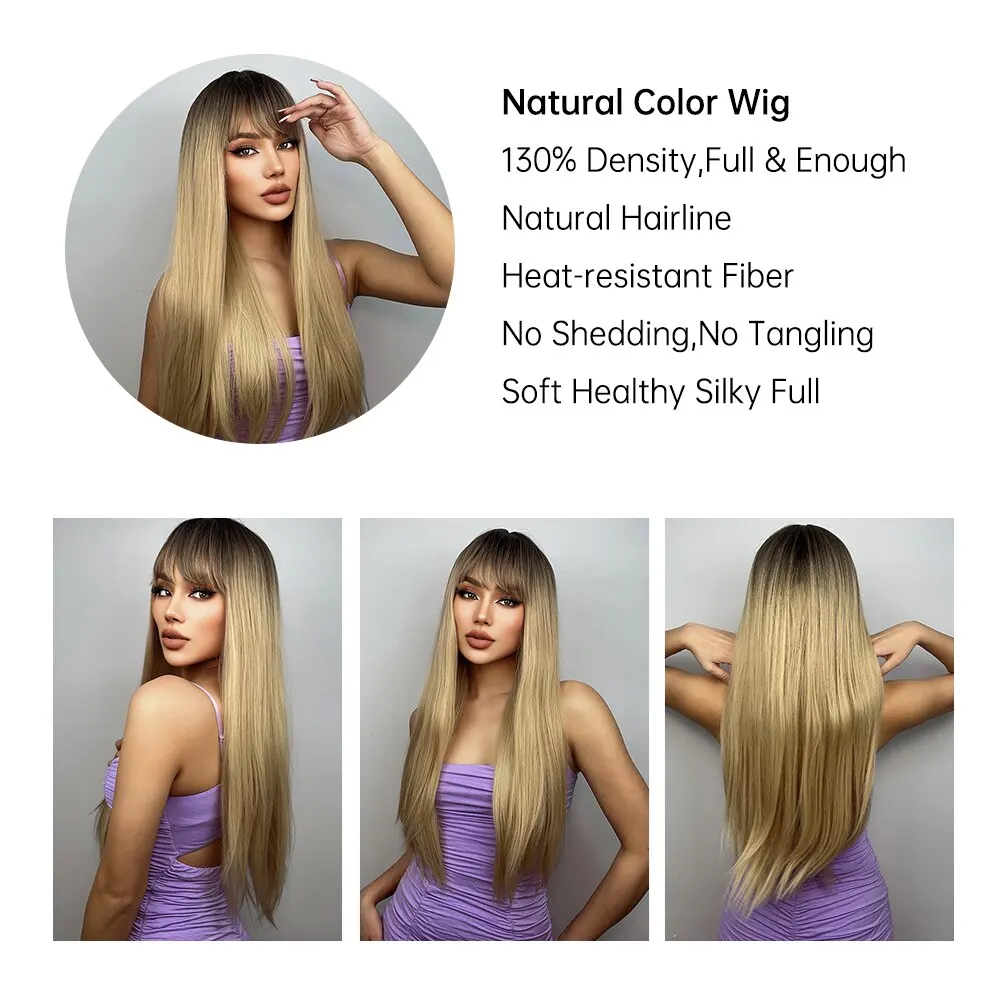 Brown Wigs For White Women Long Ombre Yellow Wigs With Bangs Synthetic Fashion Wig Cosplay Daily Use Heat Resistant Fiber