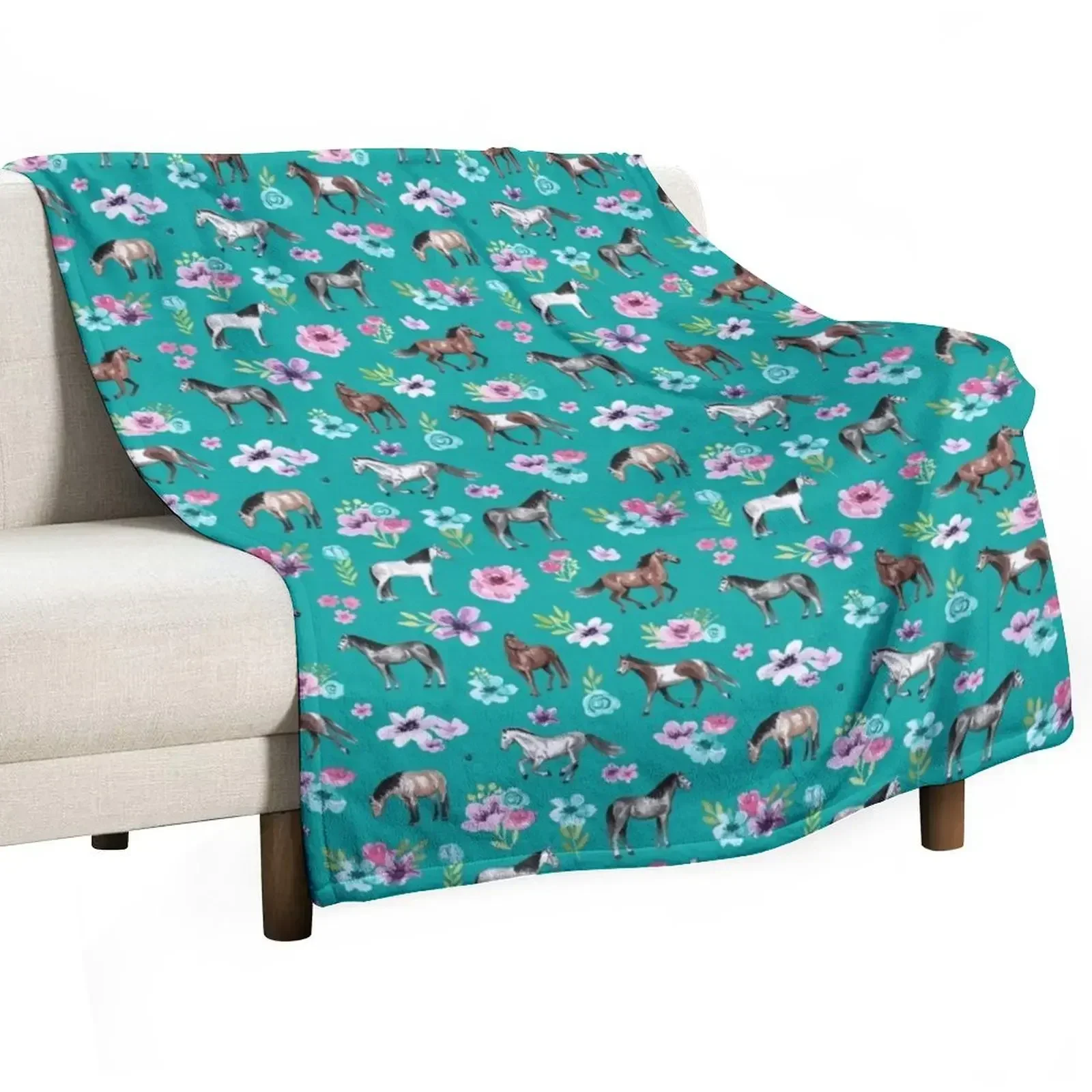 

Horses and Flowers on Teal, Turquoise Horse Print, Horse Art, Cowgirl Throw Blanket Soft Nap Large For Sofa Thin Blankets