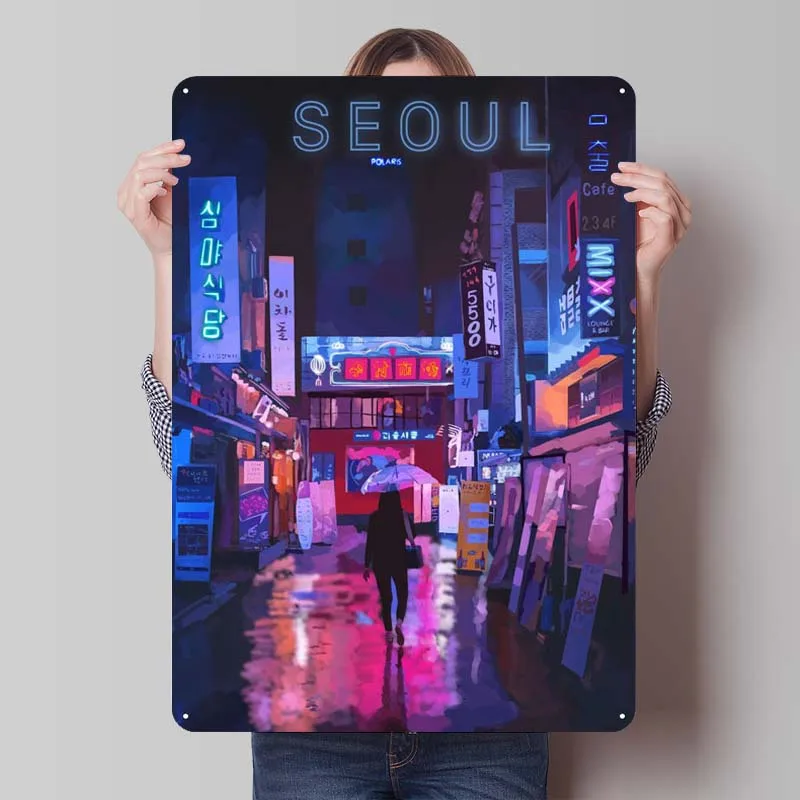 Seoul Nightstreet Room Decoration Cityscapes Poster Metal Wall Art of Murals Home Decor Vintage Metal Plate Man Cave Coffee Bar