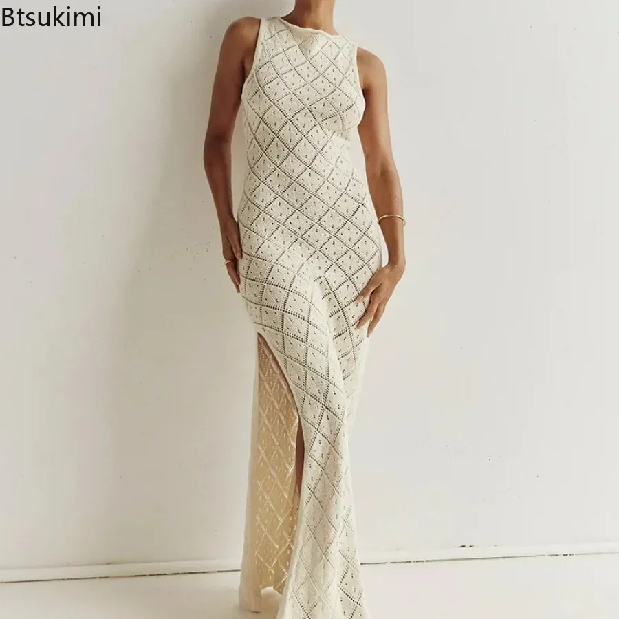 2025 feminino verão sexy fora do ombro vestido em torno do pescoço sem mangas recorte malha sólida maxi vestido meninas festa praia vestido de férias