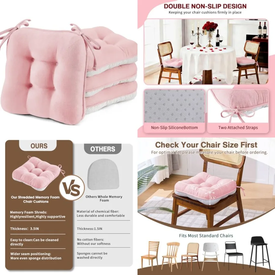 

Chair Cushions for Dining Chairs Set of 4, 3.5 Thick Kitchen Table Chair Pads with Ties, Non Slip Backing and Covers, Seat Cush