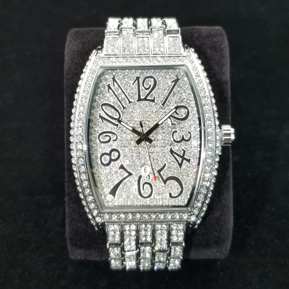 

Silver Ice Watch for Men Luxury Brand Tonneau Diamond Quartz Wristwatch Classic Design Auto Date Relogio Masculino Oversized